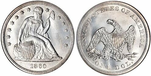 Фото монеты Seated Liberty 1860 года Фото доллара 1860 года Seated Liberty