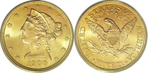 Фото золотой монеты 5 долларов Liberty 1900 г. Фото золотой монеты 5 долларов Liberty 1900 г.