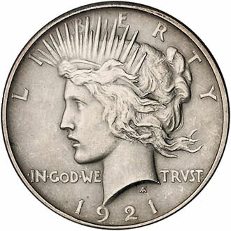 Серебряная монета "Peace Dollar" 1921 г. с изображением Liberty Серебряная монета "Peace Dollar" 1921 г. с изображением Liberty