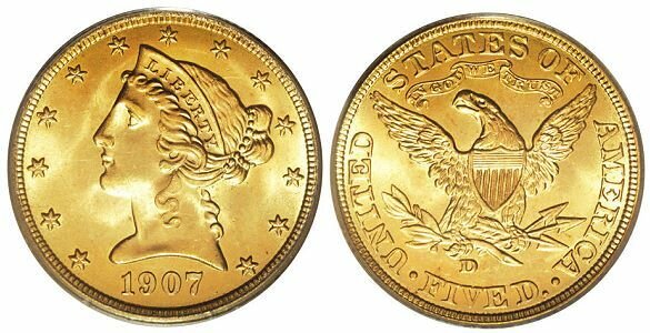 Фото 5 долларов liberty head 1907 года Фото 5 долларов liberty head 1907 года