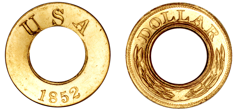 Золотая монета "Ring" 1 доллар 1852 года jadd-141