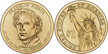 Фото золотого Президентского доллара Франклина Пирса 2010 года Фото золотого Президентского доллара Франклина Пирса 2010 года