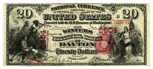Купюра 20 долларов 1875 г. справа - изображение Покахонтас Купюра 20 долларов 1875 г. справа - изображение Покахонтас